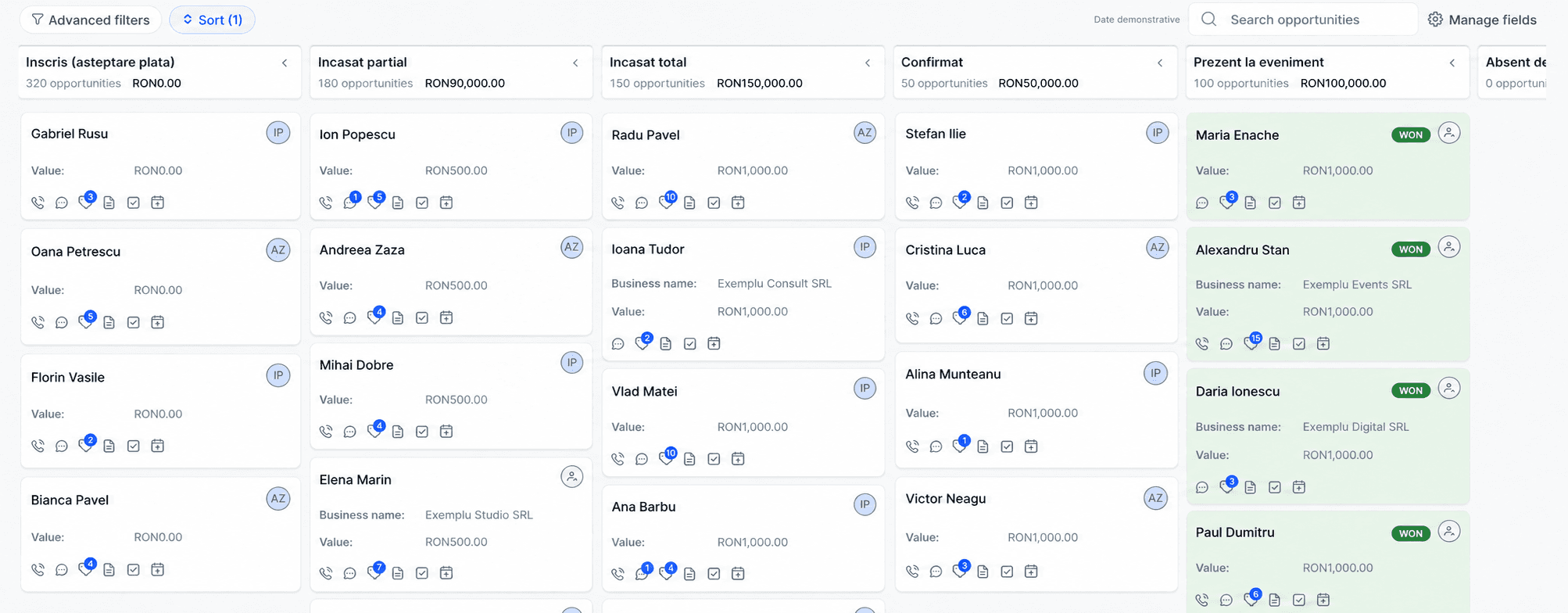 Pipeline NidoCRM cu înscrieri, plăți și participanți. Date demonstrative.