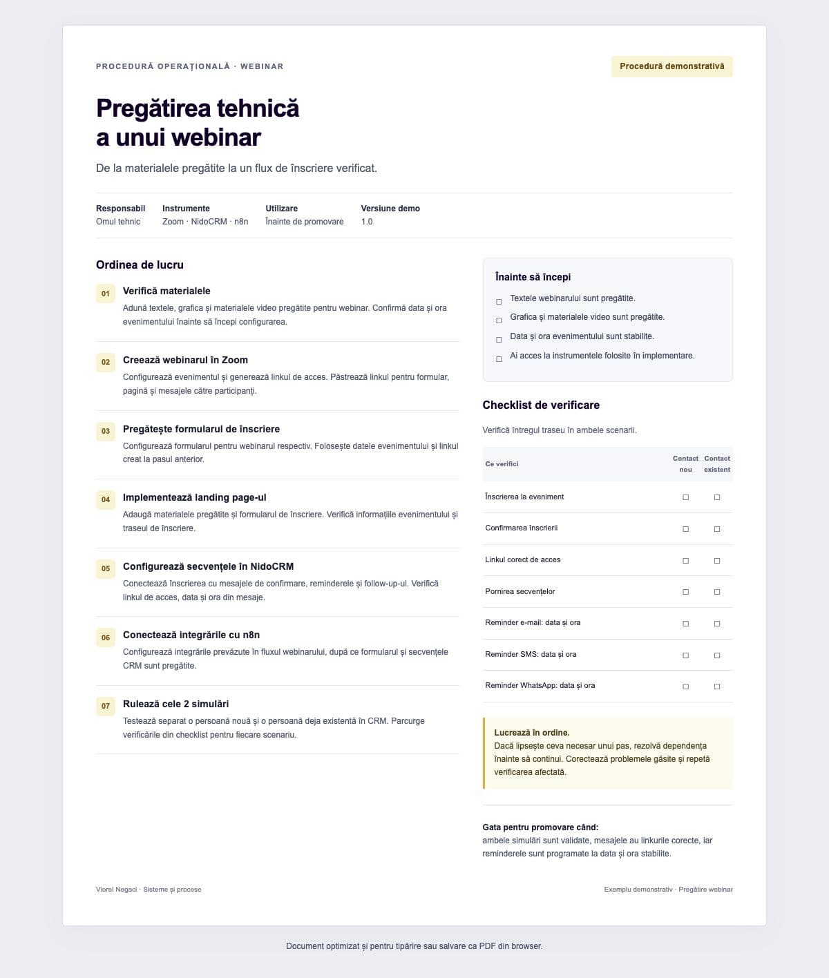 Procedură demonstrativă pentru pregătirea unui webinar, cu pași și checklist de verificare.